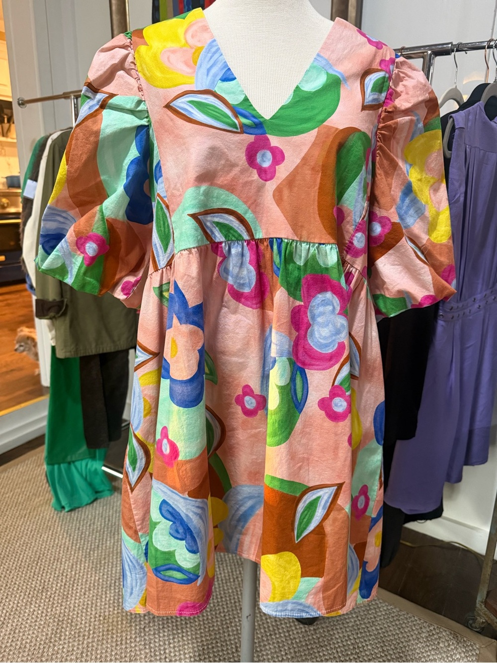 Multicolor Floral Puff-Sleeve Casual Dress in Pink